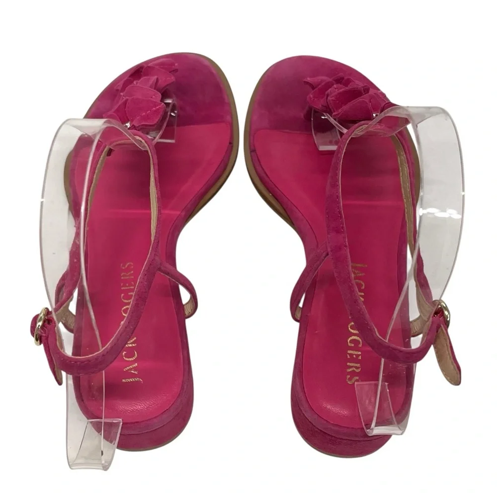 Jack Rogers Fuchsia Pink Suede Block Heel Floral T Strap Sandals Women’s 7.5 - Picture 9 of 14